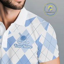 Load image into Gallery viewer, Personalized Blue White Argyle Plaid Pattern Mens Golf Polo Shirts, Blue Golf Tops For Mens NHT674