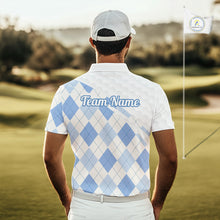 Load image into Gallery viewer, Personalized Blue White Argyle Plaid Pattern Mens Golf Polo Shirts, Blue Golf Tops For Mens NHT674