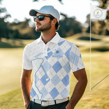 Load image into Gallery viewer, Personalized Blue White Argyle Plaid Pattern Mens Golf Polo Shirts, Blue Golf Tops For Mens NHT674