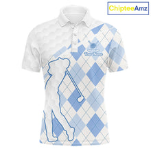 Load image into Gallery viewer, Personalized Blue White Argyle Plaid Pattern Mens Golf Polo Shirts, Blue Golf Tops For Mens NHT674