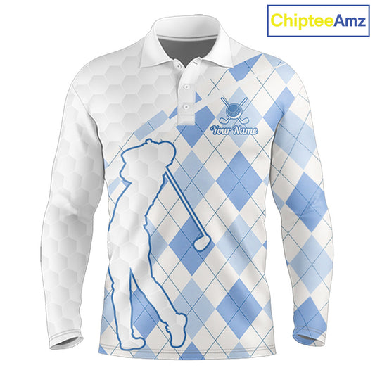 Personalized Blue White Argyle Plaid Pattern Mens Golf Polo Shirts, Blue Golf Tops For Mens NHT674