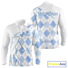 Load image into Gallery viewer, Personalized Blue White Argyle Plaid Pattern Mens Golf Polo Shirts, Blue Golf Tops For Mens NHT674