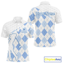 Load image into Gallery viewer, Personalized Blue White Argyle Plaid Pattern Mens Golf Polo Shirts, Blue Golf Tops For Mens NHT674