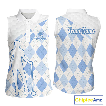 Personalized Blue White Argyle Plaid Pattern Womens Sleeveless Golf Polo Shirts, Blue Golf Tops For Womens NHT674