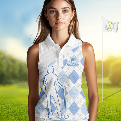 Personalized Blue White Argyle Plaid Pattern Womens Sleeveless Golf Polo Shirts, Blue Golf Tops For Womens NHT674