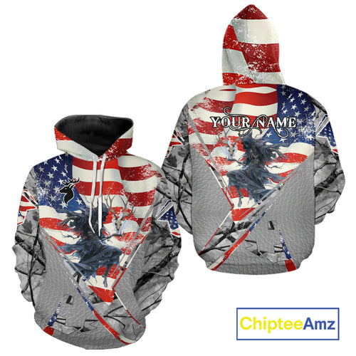Deer Hunting 3D US Flag Camo Gray Grim Reaper Deer Skull Full Printing Custom Name Shirt NHT203