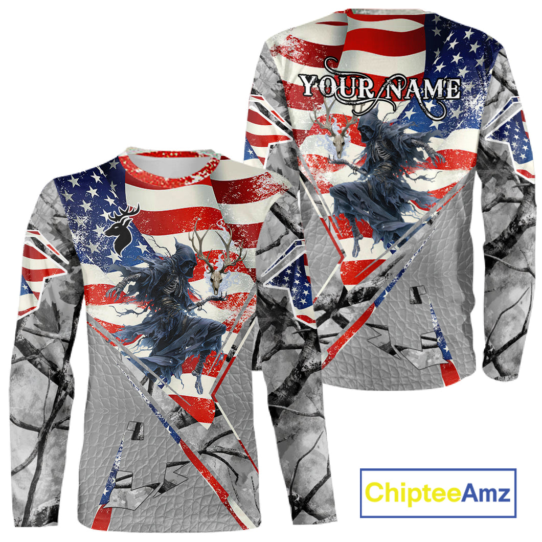 Deer Hunting 3D US Flag Camo Gray Grim Reaper Deer Skull Full Printing Custom Name Shirt NHT203