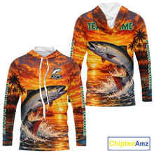 Load image into Gallery viewer, Personalized Chinook Salmon Fish Hooded Fishing Shirt Long Sleeve – Sunset Ocean Design NHT713