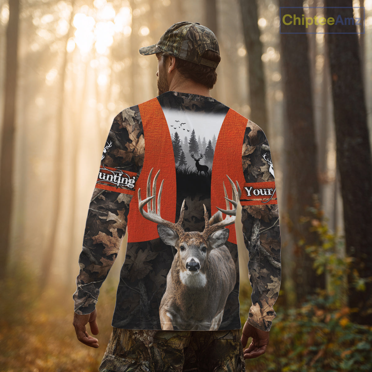 Personalized Hunting Shirt, Hunting Gear For Men – Orange Safety Camo with Big Buck NHT343