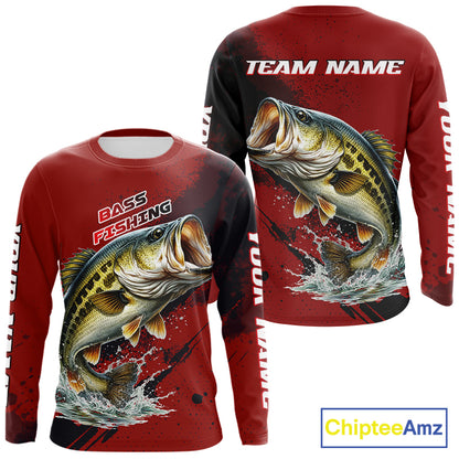 Bass Fishing Red Camo Custom Name UV Protection Fishing Shirts Long Sleeve For Men NHT528