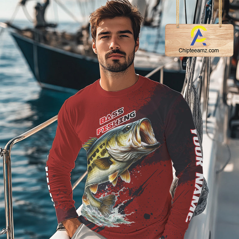 Bass Fishing Red Camo Custom Name UV Protection Fishing Shirts Long Sleeve For Men NHT528