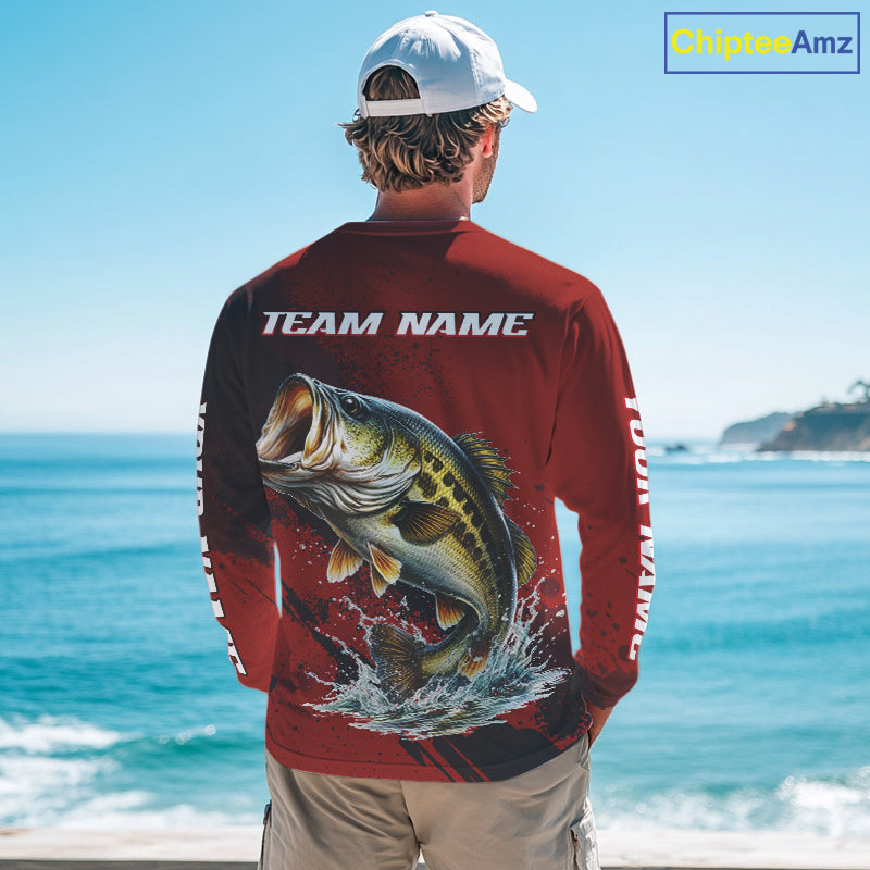 Bass Fishing Red Camo Custom Name UV Protection Fishing Shirts Long Sleeve For Men NHT528