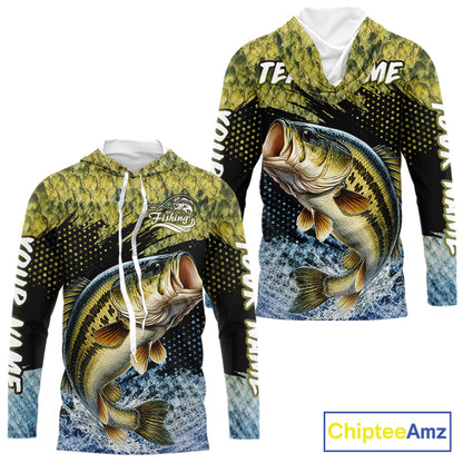 Largemouth Bass Fishing Green Camo Bass Jersey, Customized Bass Fishing Shirts Hooded Long Sleeve NHT532