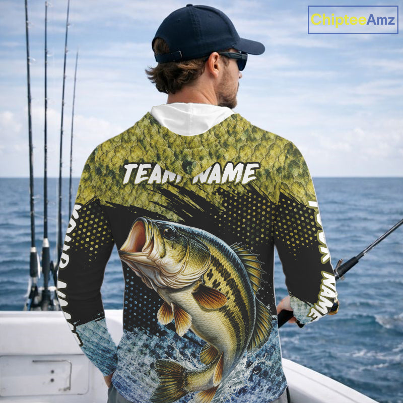 Largemouth Bass Fishing Green Camo Bass Jersey, Customized Bass Fishing Shirts Hooded Long Sleeve NHT532