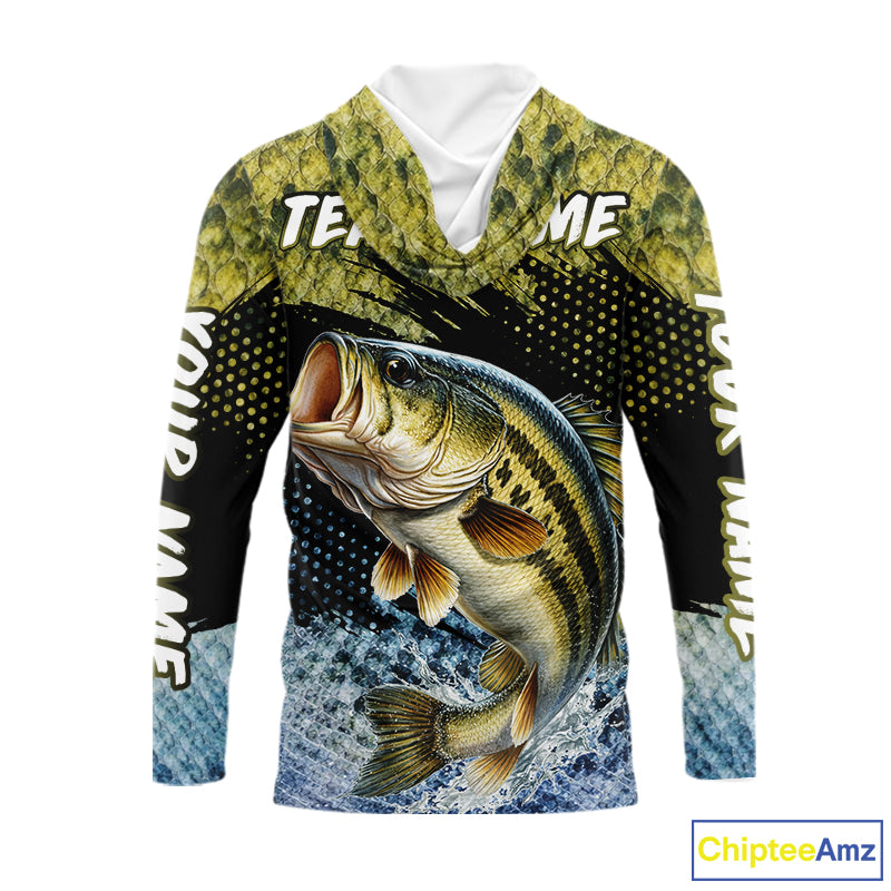 Largemouth Bass Fishing Green Camo Bass Jersey, Customized Bass Fishing Shirts Hooded Long Sleeve NHT532
