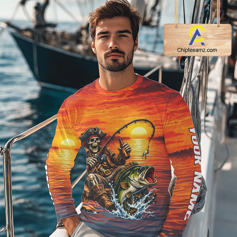 Skeleton Bass Fishing Shirts Long Sleeve – Sunset Fisherman Skull Design, Funny Fishing Gift For Anglers NHT536
