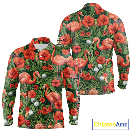 Custom Hibicus Flamingo Floral Golf Polo Shirts For Men, Flower Golf Team Shirts NHT540