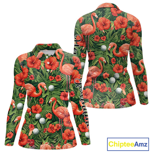 Custom Hibicus Flamingo Floral Golf Polo Shirts For Women, Flower Golf Team Shirts NHT540