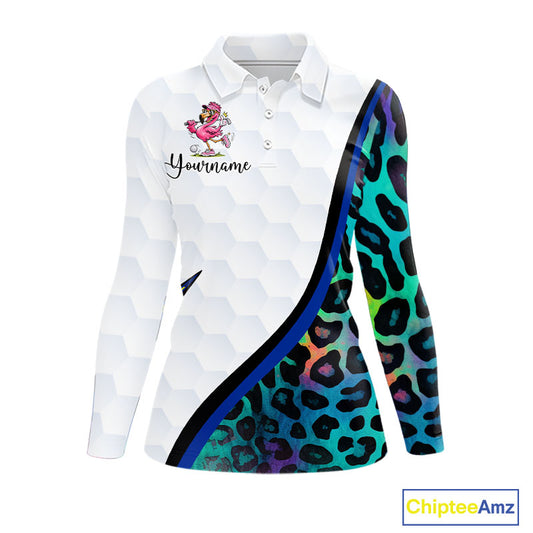 Funny Pink Flamingo Custom Colorful Neon Leopard Team Golf Polo Shirt For Womens NHT544