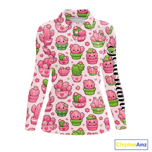 Cute Kawaii Cactus Womens Golf Polo Shirt, Funny Pink Cartoon Cactus Shirt NHT555