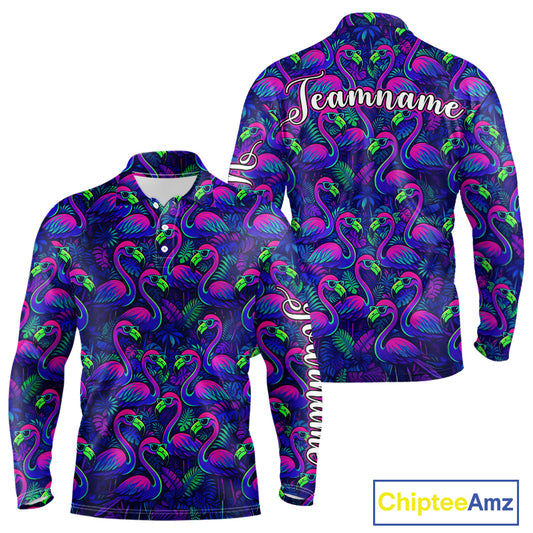 Mens Golf Polo Shirt Neon Flamingos Tropical Pattern Custom Name, Golfing Gifts NHT557