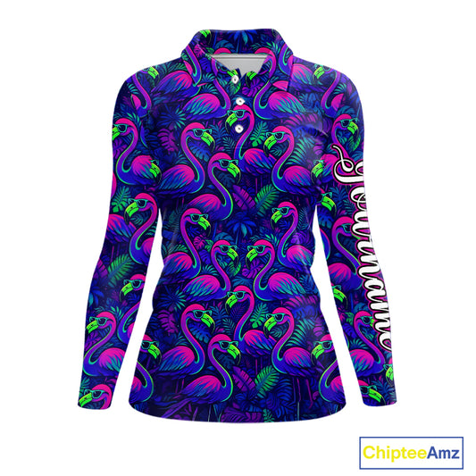 Womens Golf Polo Shirt Neon Flamingos Tropical Pattern Custom Name, Golfing Gifts NHT557