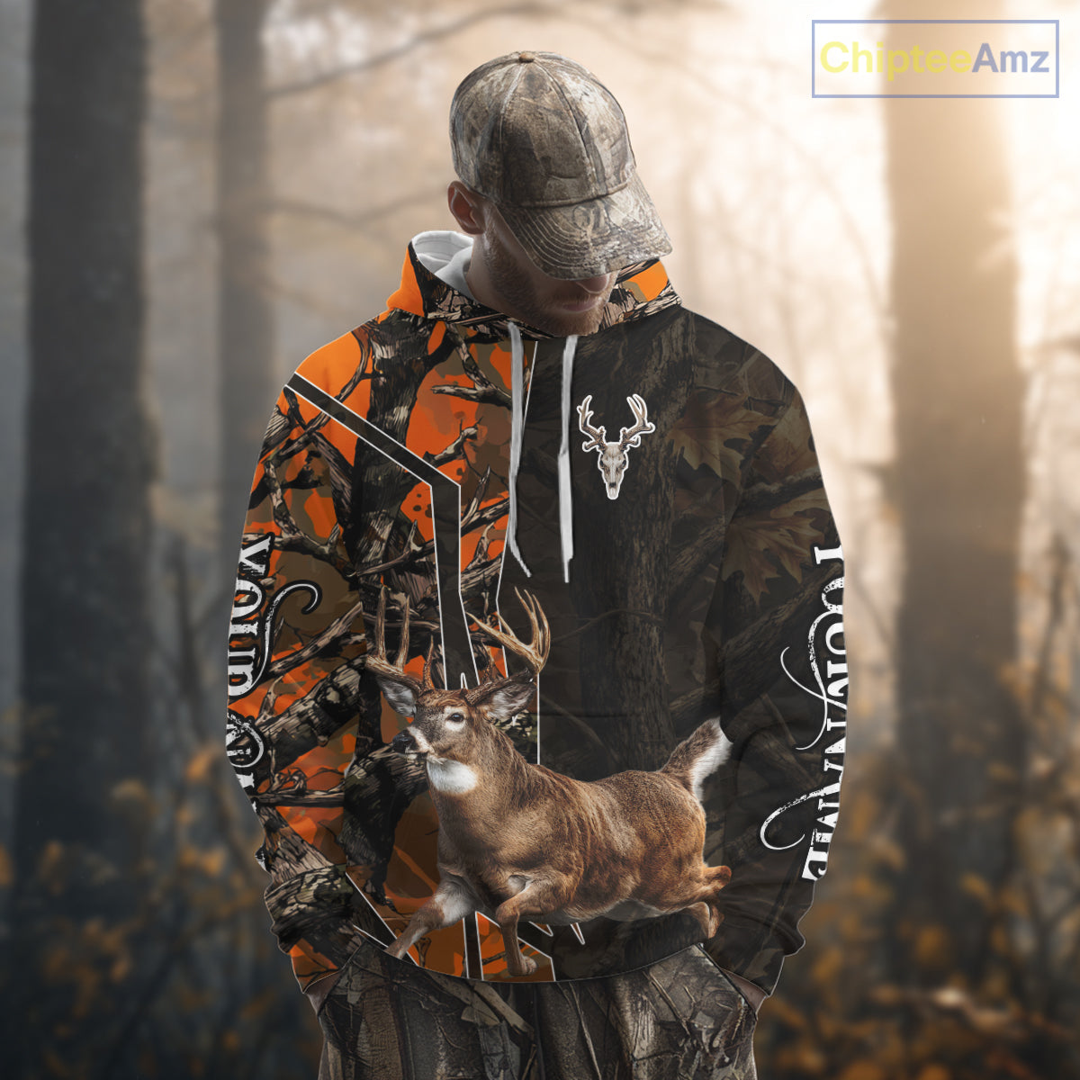 Deer Hunting Shirt 3D Orange Camo Black Custom Name With Deer Skull Whitetail, Hunting Gift NHT236