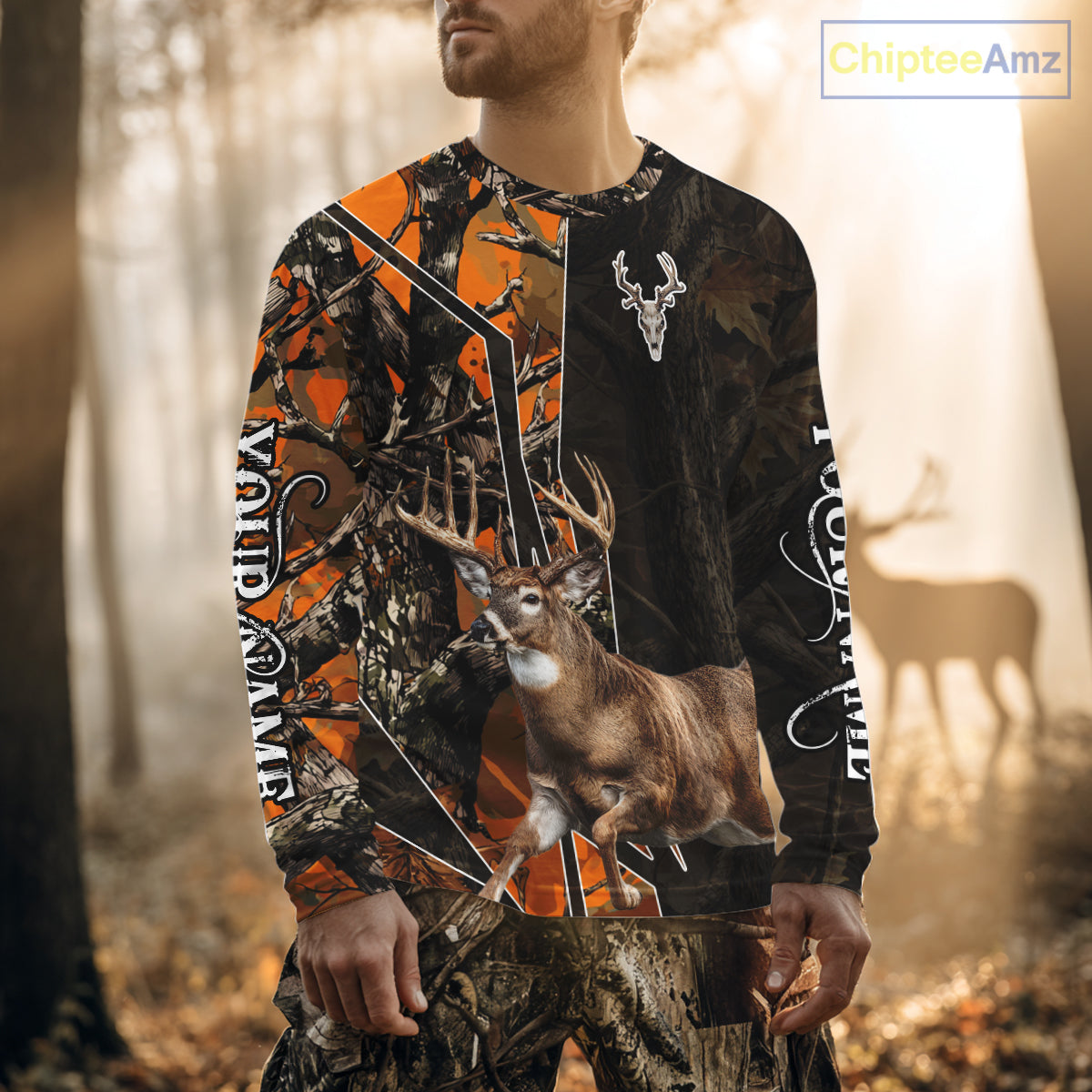 Deer Hunting Shirt 3D Orange Camo Black Custom Name With Deer Skull Whitetail, Hunting Gift NHT236