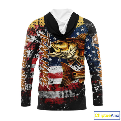 American Flag Custom Redfish Fishing Shirts Long Sleeve Hooded, Patriotic Redfish Fishing Jerseys NHT484