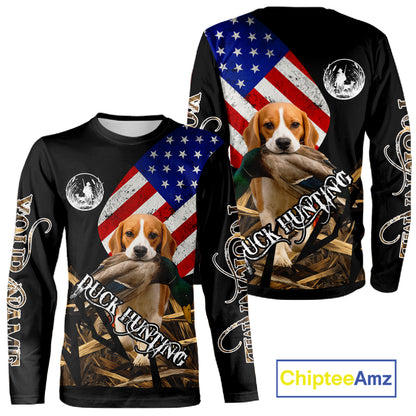 Duck Hunting with Beagle Dog Camo US Flag Custom Name All Over Printed Shirt, Hunting Gift NHT149