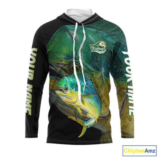 Mahi Mahi (Dorado) Fishing Customize Name Hooded Fishing Shirts Long Sleeve For Men NHT569