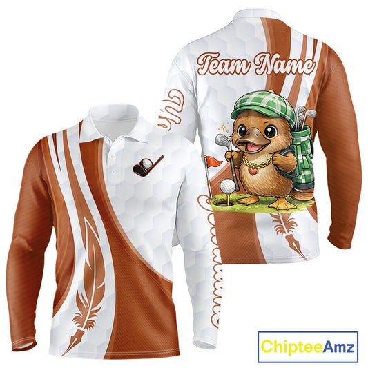 Funny Mens Golf Polo Shirt Custom Brown And White Platypus Pattern White Golf Shirts NHT576