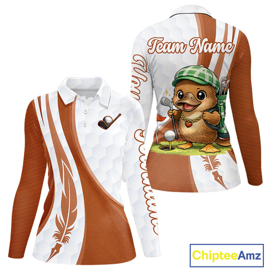Funny Womens Golf Polo Shirt Custom Brown And White Platypus Pattern White Golf Shirts NHT576