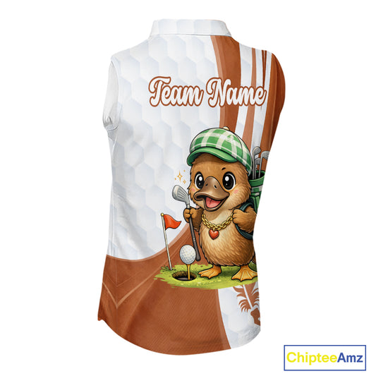 Funny Womens Sleeveless Golf Polo Shirt Custom Brown And White Platypus Pattern White Golf Shirts NHT576