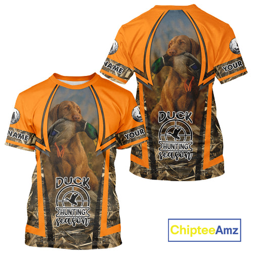 Duck Hunting Shirt Personalized with Vizsla Dog Camo Orange Hunting Clothes For Men NHT151