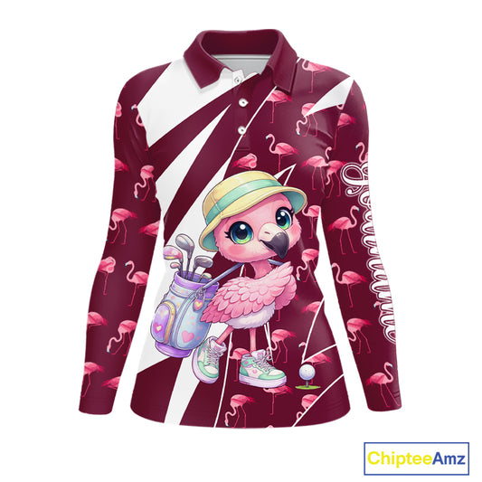 Cute Pink Flamingo Custom Pattern Funny Golf Shirts For Women, Flamingo Golf Team Shirt NHT593