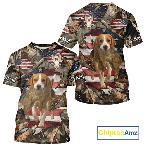 Rabbit Hunting with Beagle Skull 3D US Flag Forest Camo Custom Hunting Shirt – Hunting Gift NHT162