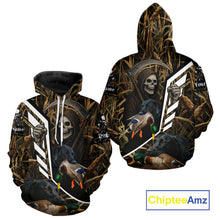 Load image into Gallery viewer, Waterfowl Hunting Shirt Camo Personalized with Black Lab Dog and Grim Reaper, Hunting Gifts NHT168