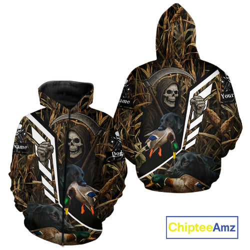 Waterfowl Hunting Shirt Camo Personalized with Black Lab Dog and Grim Reaper, Hunting Gifts NHT168