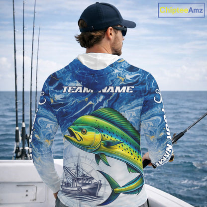 Personalized Mahi Mahi Fishing Shirt With Ocean Wave Graphic, Hooded Long Sleeve Fishing Apparel NHT612