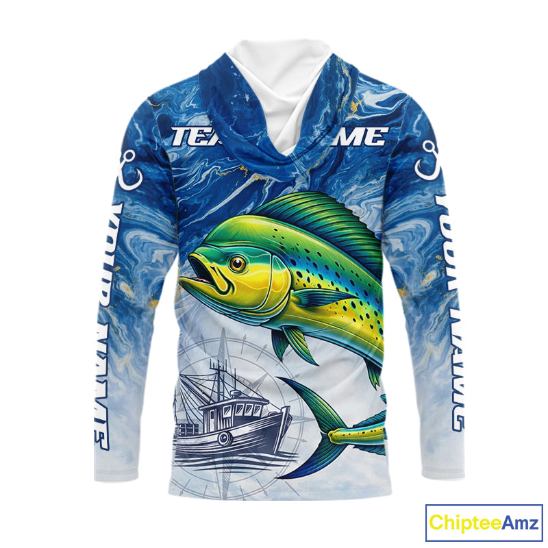 Personalized Mahi Mahi Fishing Shirt With Ocean Wave Graphic, Hooded Long Sleeve Fishing Apparel NHT612