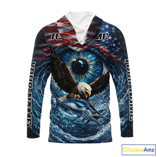 USA Eagle Marlin Fishing Shirt Long Sleeve Hooded – Custom Name Patriotic Ocean Eye Design  NHT429