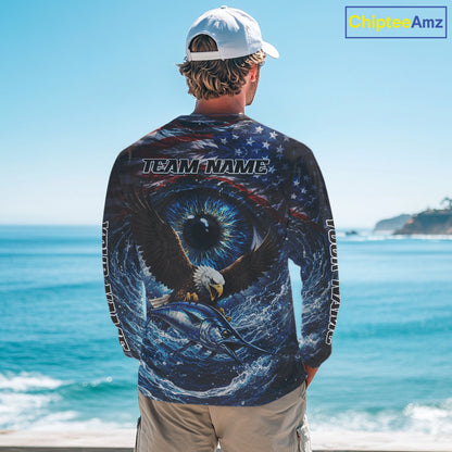 USA Eagle Marlin Fishing Shirt Long Sleeve – Custom Name Patriotic Ocean Eye Design NHT429