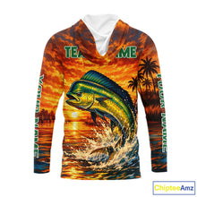 Load image into Gallery viewer, Personalized Mahi Mahi Dolphin Fish Fishing Shirt Long Sleeve Hooded – Sunset Ocean Design NHT433