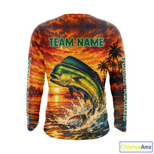Load image into Gallery viewer, Personalized Mahi Mahi Dolphin Fish Fishing Shirt Long Sleeve – Sunset Ocean Design NHT433