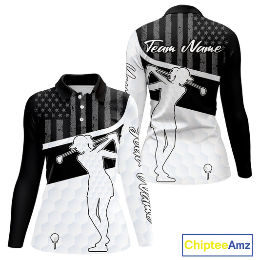 Womens Golf Polo Shirt American Flag Patriotic Golf Shirts Custom Name Golf Gifts For Ladies NHT620