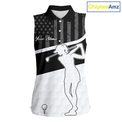 Sleeveless Golf Polo Shirt American Flag Patriotic Golf Shirts Custom Name Golf Gifts For Womens NHT620