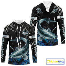 Load image into Gallery viewer, Black Camo Custom Catfish Fishing Shirts Long Sleeve Hooded, Catfish Fishing Jerseys For Men NHT499