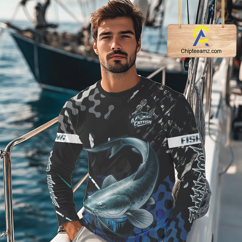 Black Camo Custom Catfish Fishing Shirts Long Sleeve, Catfish Fishing Jerseys For Men NHT499