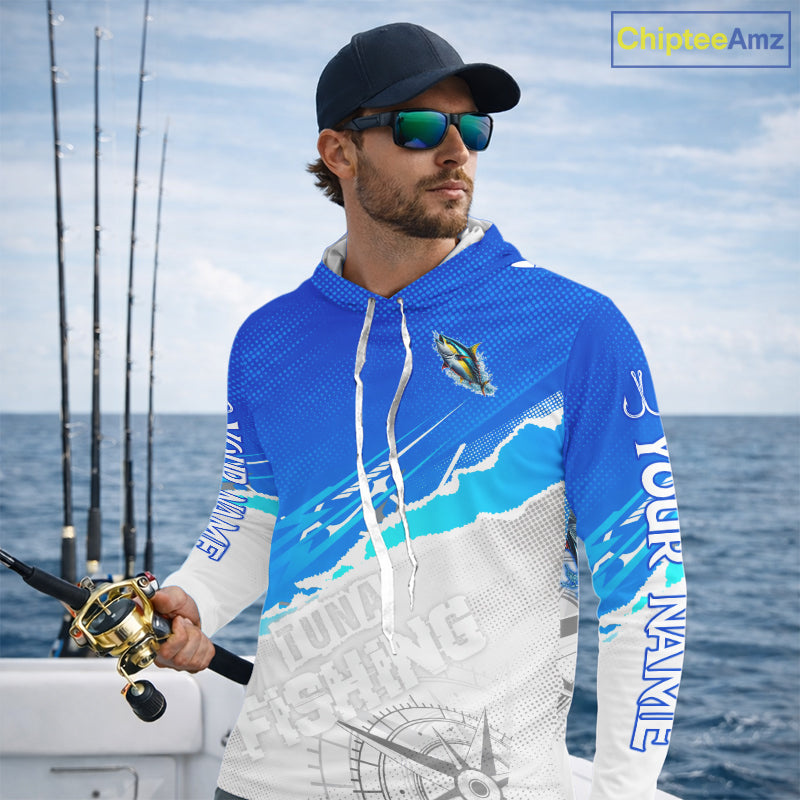 Tuna Fishing Custom Hooded Fishing Shirts Long Sleeve For Men, Tuna Saltwater Fishing Shirt NHT645